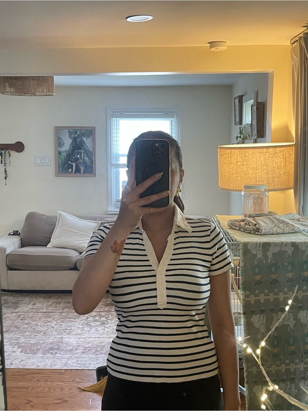 Truth Black & White Striped Polo Top